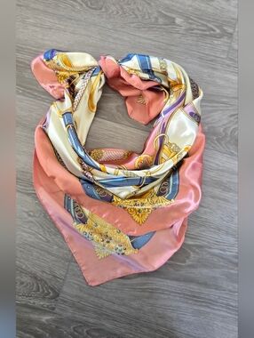 Vintage Floral Square Scarf 34.5" Pink Navy Gold Cream Satin Finish Flower Wrap